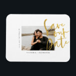 Modern Gold Wedding Photo Save The Date Magnet<br><div class="desc">Design features your awesome photo with Save The Date phrase in a modern gold script.  Easily customize with important information of choice.  Will compliment any modern wedding theme,  and any season.</div>