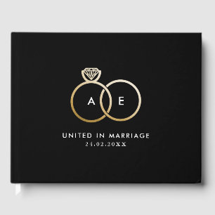 Modern Gold Wedding Rings Monogram Black Guestbook