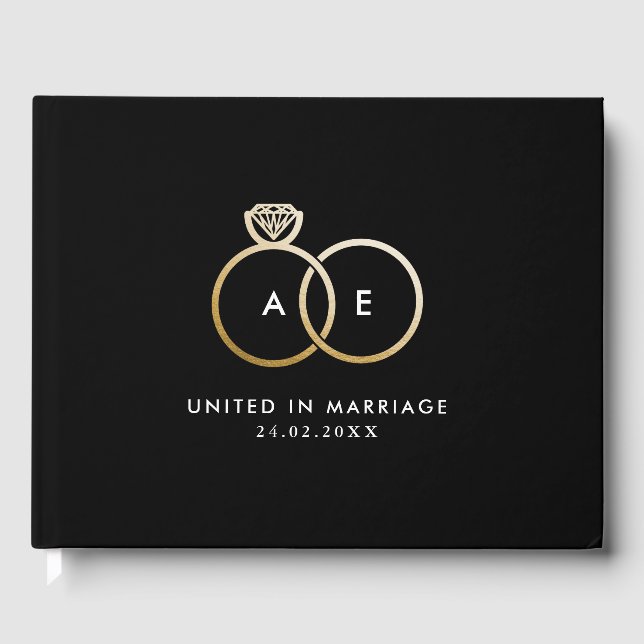 Modern Gold Wedding Rings Monogram Black Guestbook (Front)