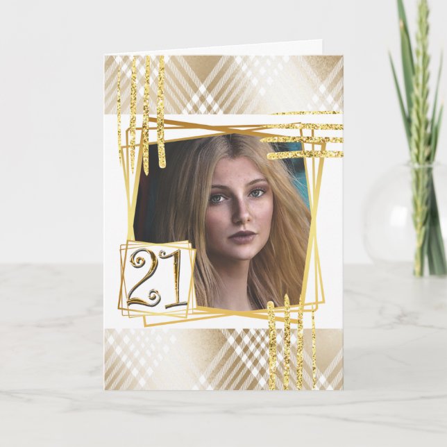 Modern gold white abstract shapes 21st photo card (Front)