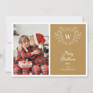 Modern gold & white classy crest 2 photos holiday card