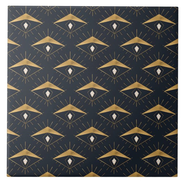 Modern Gold White Diamond Eyes Blue Pattern Tile (Front)