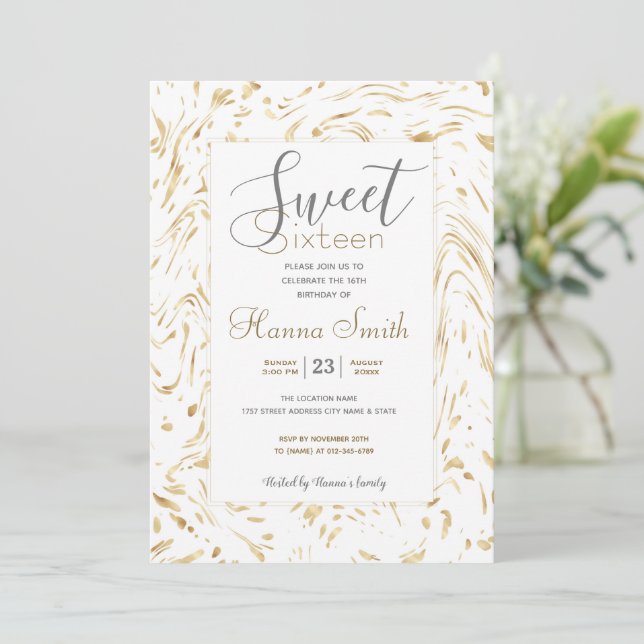 Modern Gold White Dots Wavy Lines Abstract Design Invitation (Standing Front)