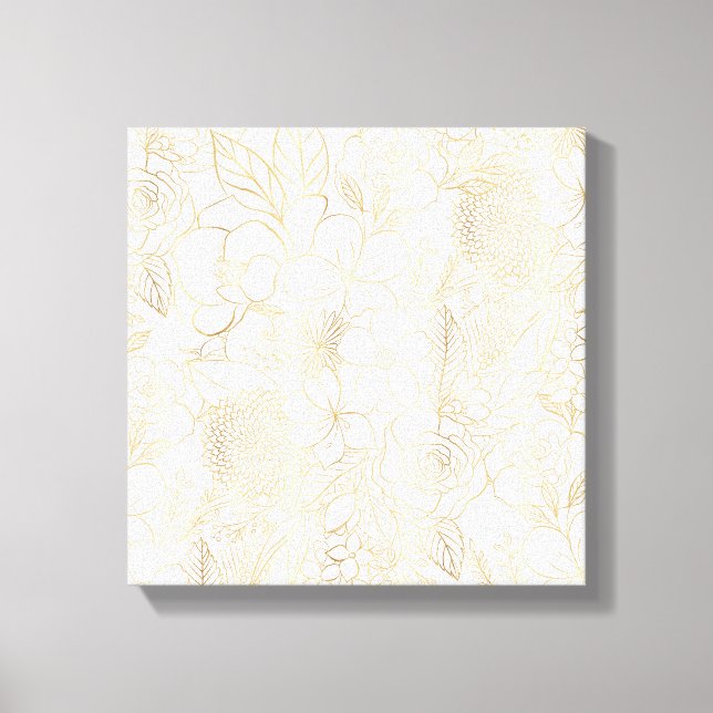 Modern Gold White Floral Doodles line art Canvas Print (Front)