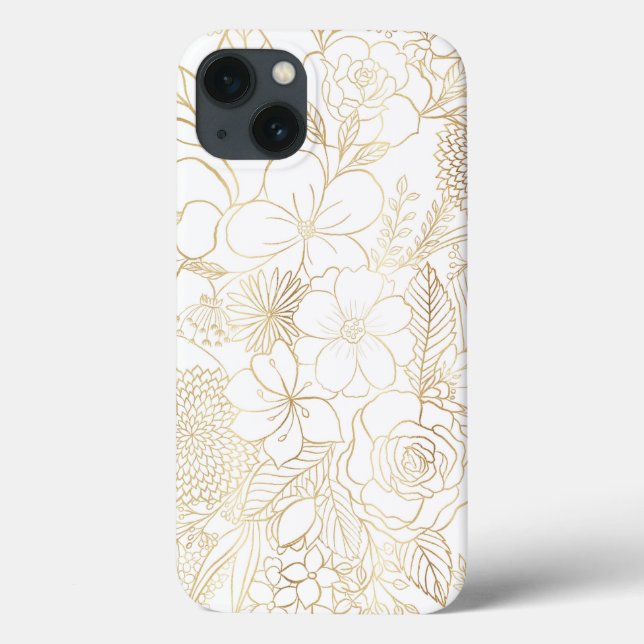 Modern Gold White Floral Doodles line art Case-Mate iPhone Case (Back)