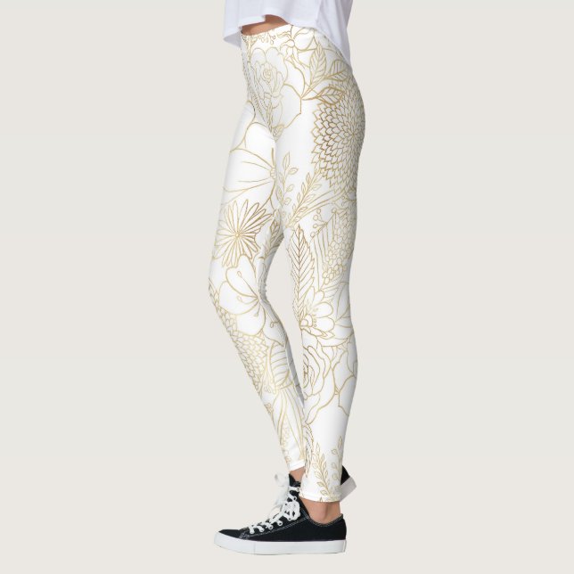 Modern Gold White Floral Doodles line art Leggings (Left)
