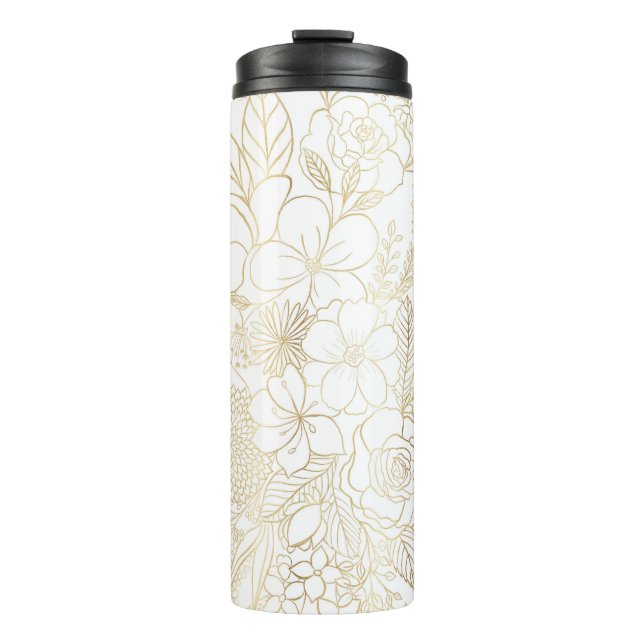 Modern Gold White Floral Doodles line art Thermal Tumbler (Front)