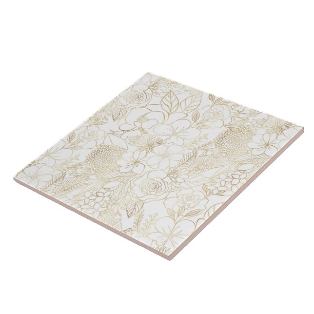 Modern Gold White Floral Doodles line art Tile (Side)