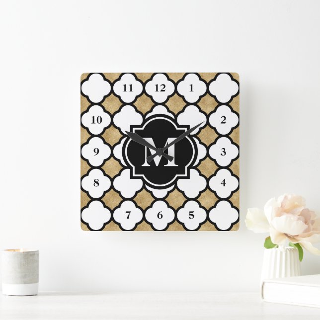 Modern Gold White Geometric Quatrefoil Monogrammed Square Wall Clock (Home)