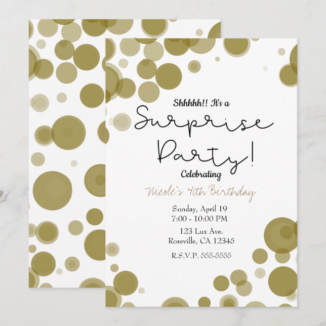 Modern Gold White Polka Dot Bubbles Surprise Party Invitation (Front/Back)