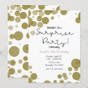 Modern Gold White Polka Dot Bubbles Surprise Party Invitation