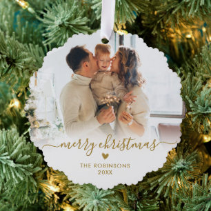 Modern Gold White Script 2 Family Photo Christmas Ornament Card