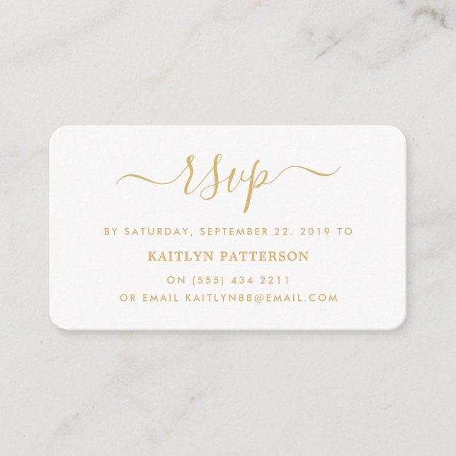 Modern Gold & White Simple Script RSVP Enclosure Card (Front)