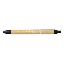 Modern Gold &amp; White Simple Script Wedding Favour Black Ink Pen