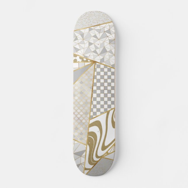 Modern Gold White Triangles Geometric Pattern Skateboard (Front)