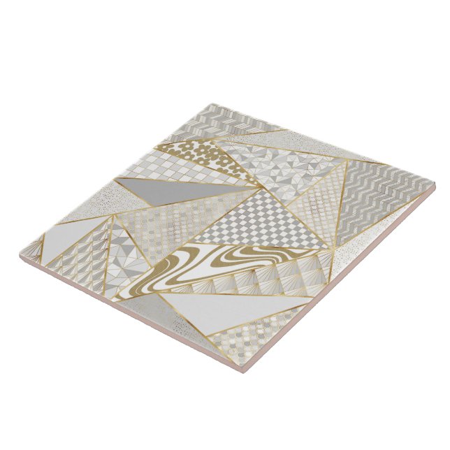Modern Gold White Triangles Geometric Pattern Tile (Side)