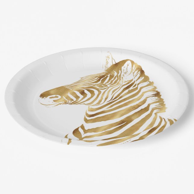 Modern Gold White Zebra Animal Safari Design Paper Plate (Angled)