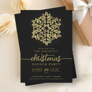 Modern Gold Winter Snowflake Christmas Black Invitation
