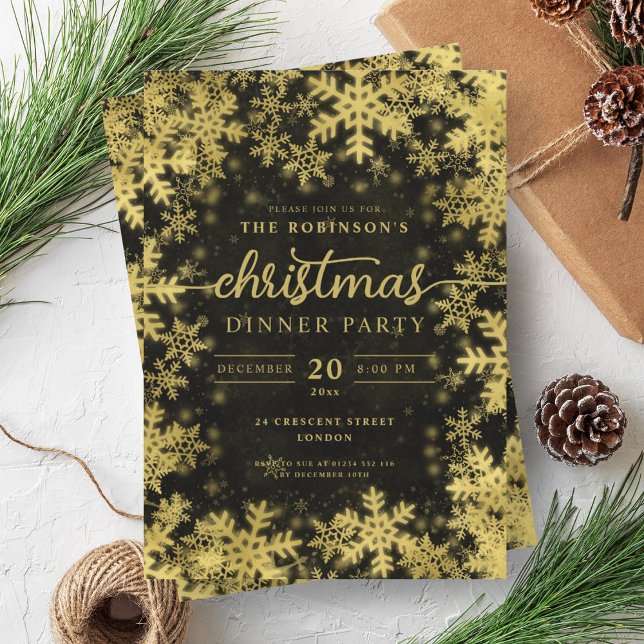 Modern Gold Winter Wonderland Christmas Black Invitation (Modern Gold Winter Wonderland Christmas Black Invitation)