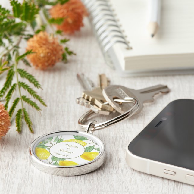 Modern Gold Yellow Lemons Green Leaves Wedding Key Keychain (Side)