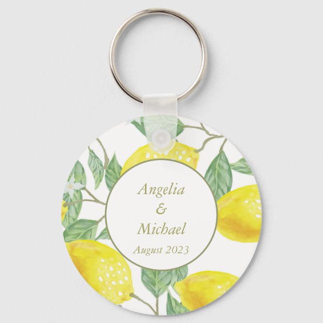 Modern Gold Yellow Lemons Green Leaves Wedding Keychain (Front)