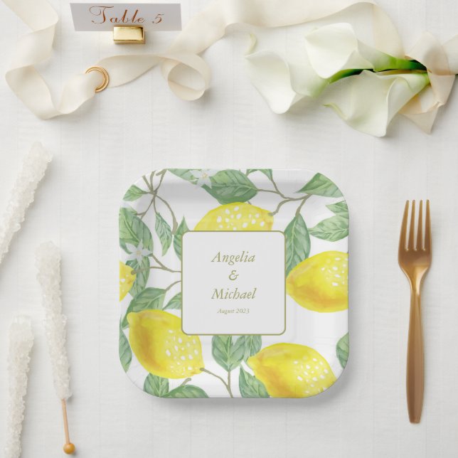 Modern Gold Yellow Lemons Green Leaves Wedding Paper Plate (Wedding)