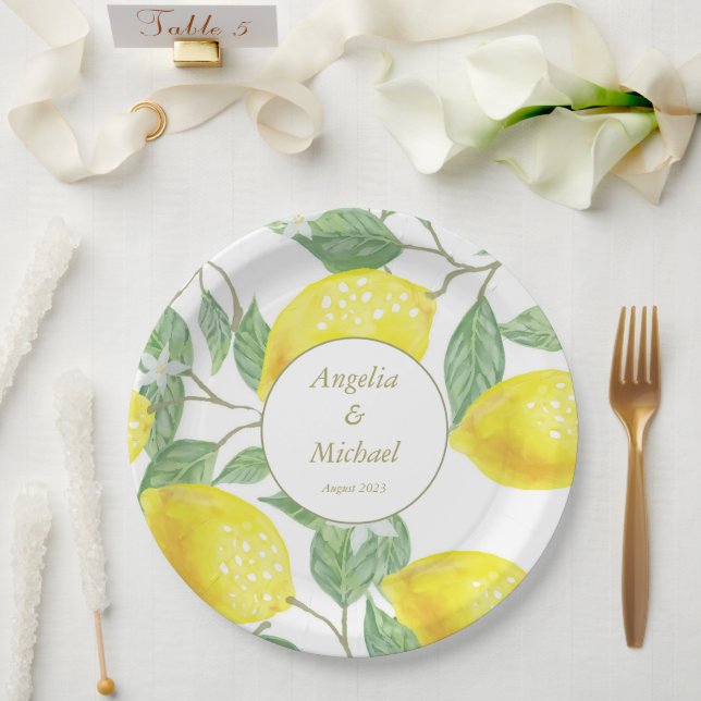 Modern Gold Yellow Lemons Green Leaves Wedding Paper Plate (Wedding)