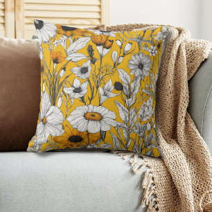 Modern Gold Yellow White Floral Throw Pillow