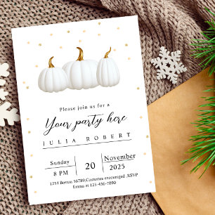 modern golden autumn white pumpkin glitter snow invitation