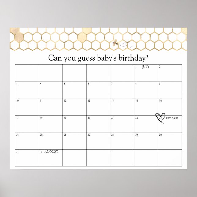 Modern Golden Bee Shower Due Date Guess  Poster (Front)