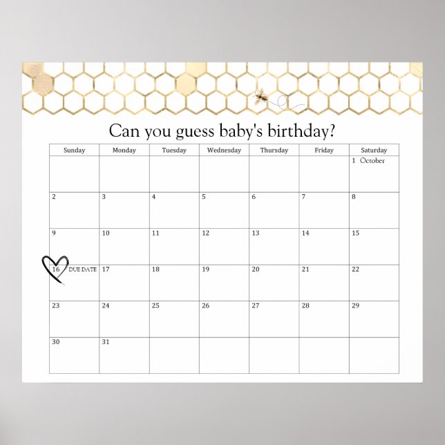 Modern Golden Bee Shower Due Date Guess  Poster (Front)