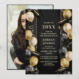 Modern Golden Black Graduation Hat Party Photo Invitation