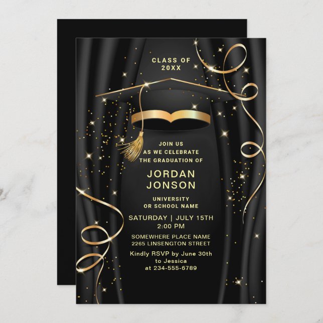 Modern Golden Black Graduation Party Invitation (Front/Back)