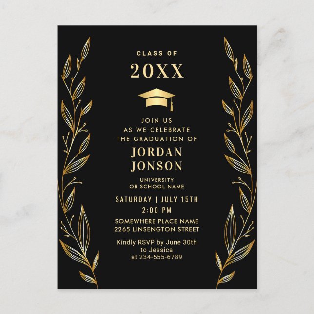 Modern Golden Black Graduation Party Invitation QR Postcard (Front)