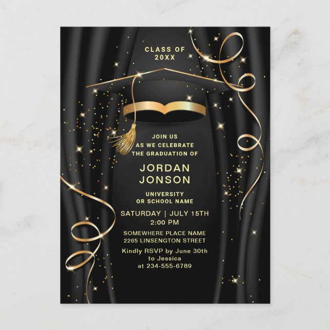 Modern Golden Black Graduation Party Invitation QR Postcard (Front)