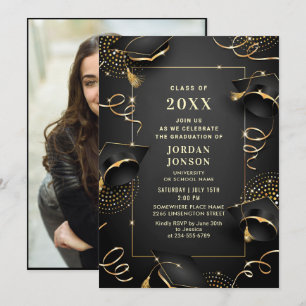 Modern Golden Black Graduation Party Photo Invitation