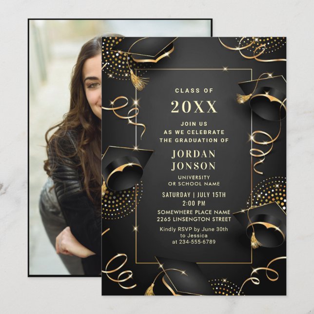 Modern Golden Black Graduation Party Photo Invitation (Front/Back)