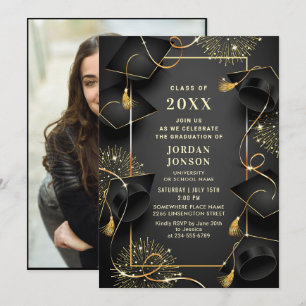 Modern Golden Black Graduation Party Photo Invitation