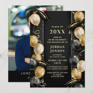 Modern Golden Black Graduation Party Photo Invitation