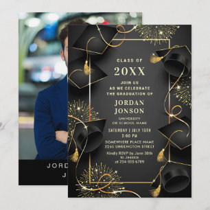 Modern Golden Black Graduation Party Photo Invitation