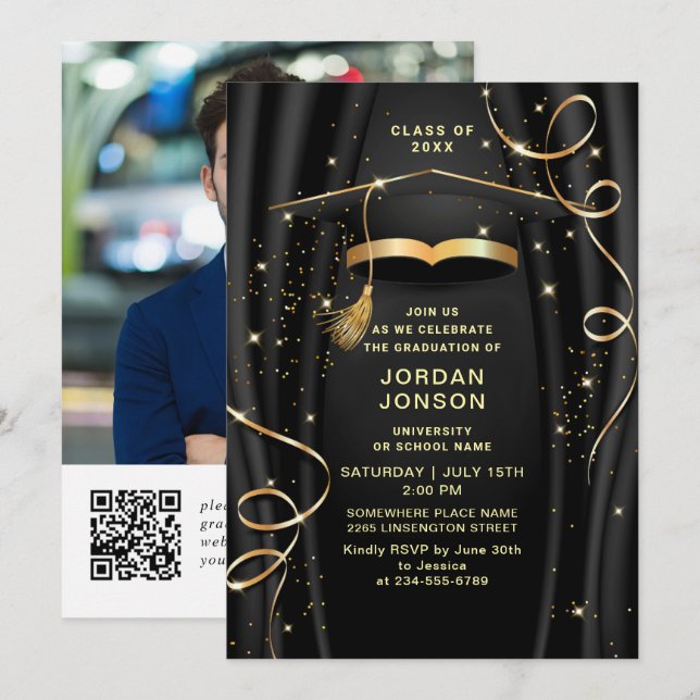 Modern Golden Black Graduation Party Photo QR code Invitation (Front/Back)