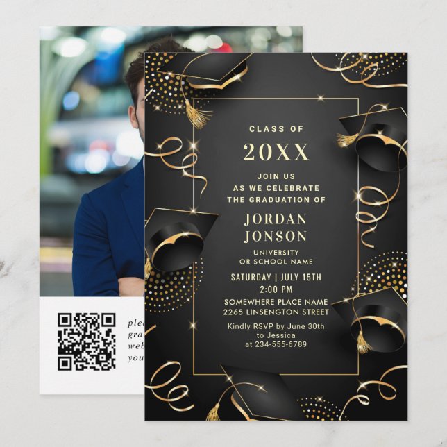 Modern Golden Black Graduation Party Photo QR code Invitation (Front/Back)
