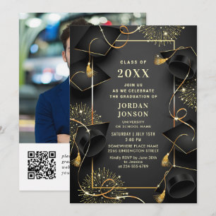 Modern Golden Black Graduation Party Photo QR code Invitation