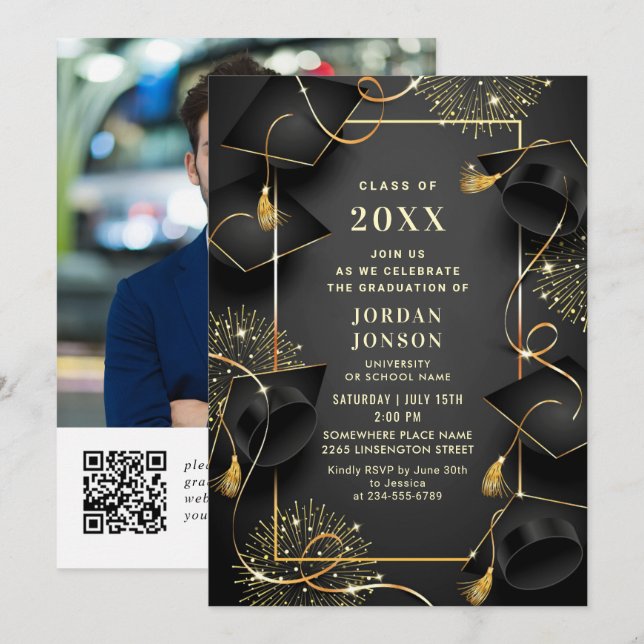 Modern Golden Black Graduation Party Photo QR code Invitation (Front/Back)