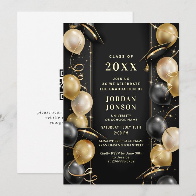 Modern Golden Black Graduation Party QR code Invitation (Front/Back)