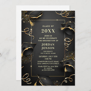 Modern Golden Black Graduation Party QR code Invitation