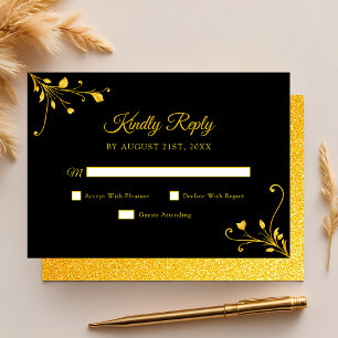 Modern Golden Black Minimalist Quinceanera RSVP Card