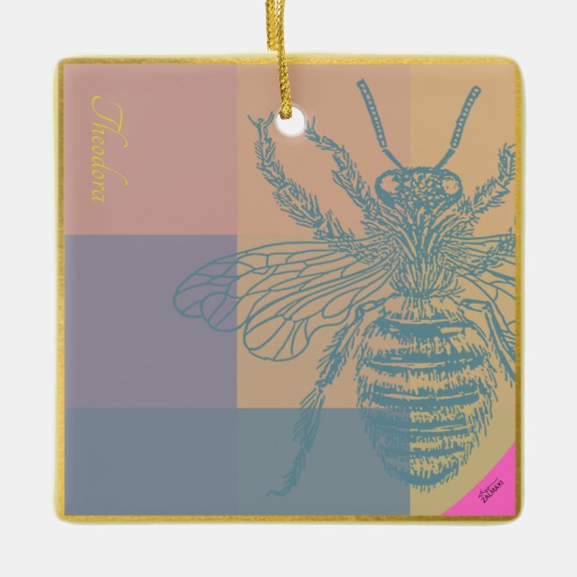 Modern Golden Blue Bee Ceramic Ornament (Front)