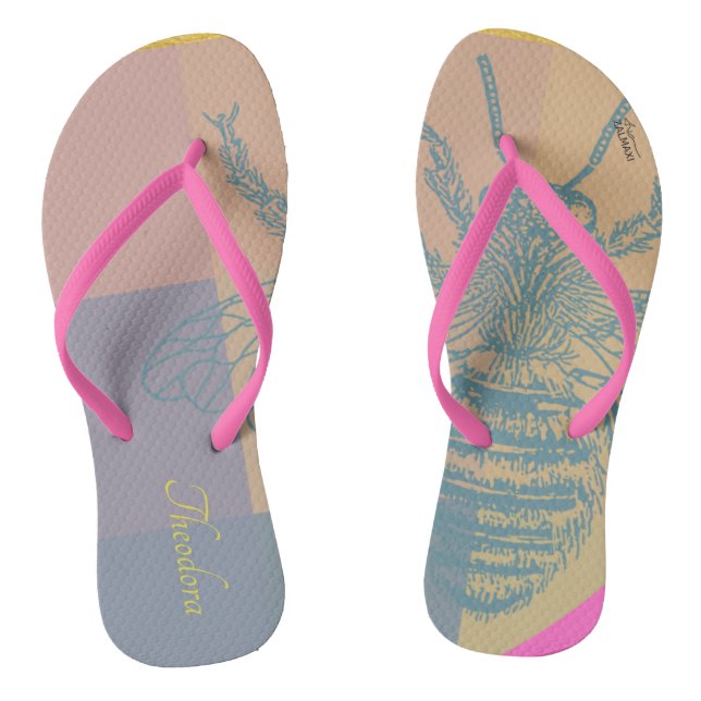 Modern Golden Blue Bee Flip Flops (Footbed)