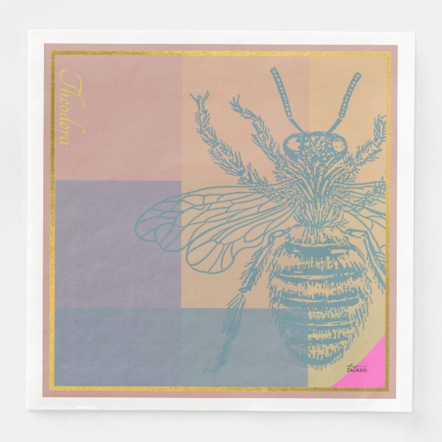 Modern Golden Blue Bee Napkin (Front)
